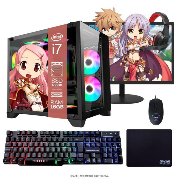 Imagem de Computador PC Gamer Completo TOB Intel Core i7 SSD 480GB 16GB Gabinete Aquário Teclado Mouse Mouse Pad e Headset Gamer Monitor 23" Windows 10 Pro Tria