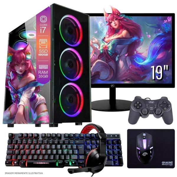 Imagem de Computador PC Gamer Completo TOB Intel Core i7 SSD 480GB 16GB Teclado Mouse Mouse Pad e Headset Gamer Joystick Monitor 19" Windows 10 Pro Trial