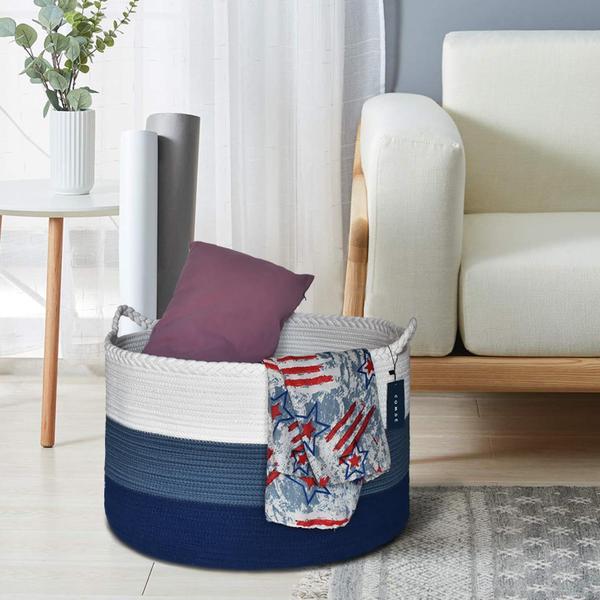 Imagem de Comse Extra Large Blanket Basket, Cesta de Armazenamento, Cesta de Roupa de Corda, 21,7"x 13,8", Cesta de Corda de Algodão, Cesta de Roupa, Cesta de Brinquedo, Cesta de Tecidos, Cestas de Roupas, Branco/Cadete Azul/Azul Marinho