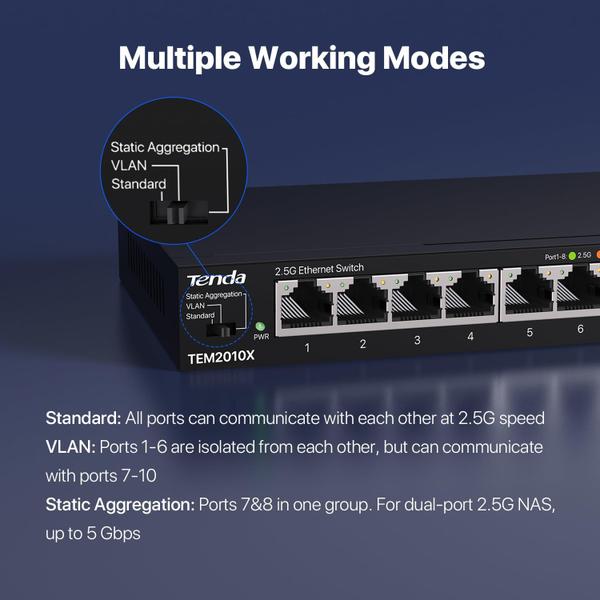 Imagem de Comutador Ethernet Tenda TEM2010X 8 portas 2,5 G com 2 x 10 Gb SFP