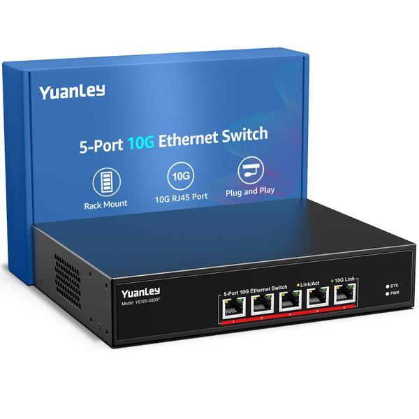 Imagem de Comutador Ethernet YuanLey 5 portas 10 Gbps RJ45 100 Gbps