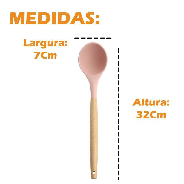 Imagem de Concha De Cozinha Feijão Em Silicone Rosa E Cabo Madeira Para Sopas Caldos Molhos