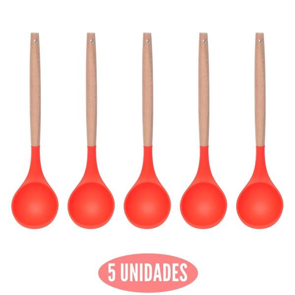 Imagem de Concha Feijão Vermelho Silicone Cabo Bambu Multiuso - 5un