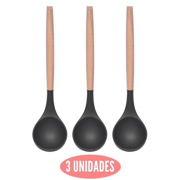 Imagem de Concha Preto Silicone e Cabo de Bambu Cozinha Multiuso - 3un