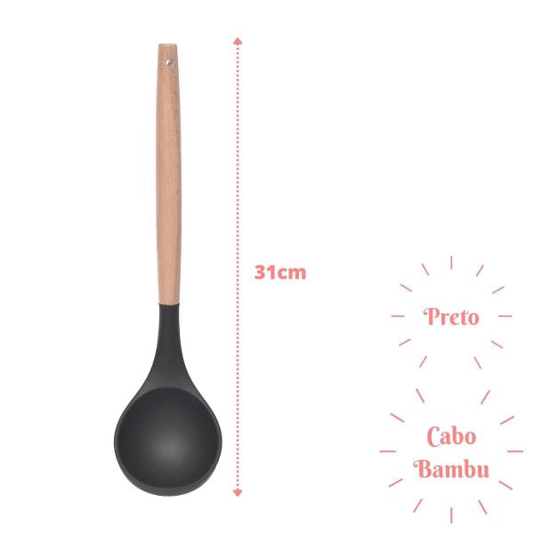 Imagem de Concha Preto Silicone e Cabo de Bambu Cozinha Multiuso - 6un