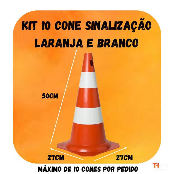 Imagem de Cone de Sinalização 50cm Laranja e Branco com Encaixe para Placa Trânsito Estacionamento Rígido Resistente Kit 10 Unidades