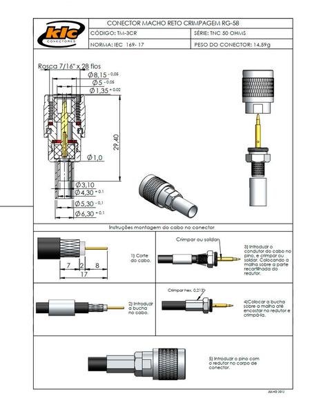 Imagem de Conector TNC Macho Reto Cabo Crimpagem RG-58 Fixo - TM-3CR - Gav 114 - KLC