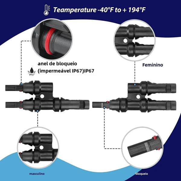 Imagem de Conectores para Cabo de Painel Solar PV 30A 1000V - Macho e Fêmea (T2, T3, T4, T5, T6)