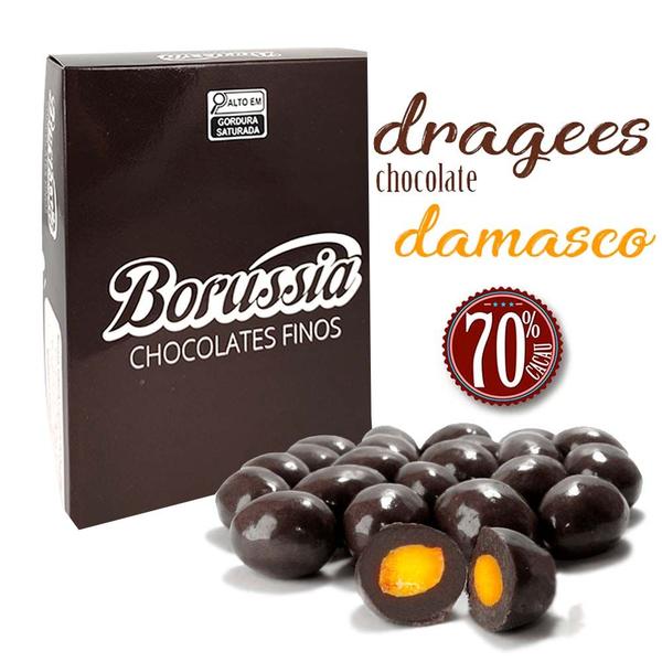 Confeito de Damasco com Chocolate 70% Cacau Borússia Chocolates - Borússia Chocolates Imagem de Confeito de Damasco com Chocolate 70% Cacau Borússia Chocolates