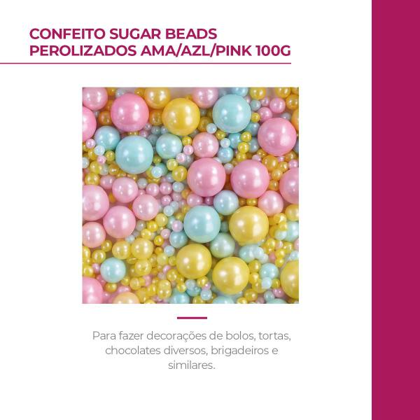 Imagem de Confeito Sugar Beads Perolizado Amarelo, Azul e Rosa Para Confeitar seus Bolos e Doces 100g
