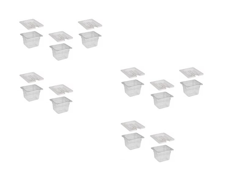 Imagem de CONJ 10 CUBAS Gastronômicas Em POLICARBONATO 1/6X100 mm 1,5 Litros + 10 TAMPAS 1/6 Em POLI Com ABERTURA Para Colher CAMBRO