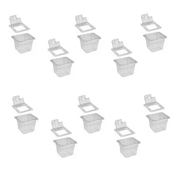 Imagem de CONJ 10 CUBAS Gastronômicas Em POLICARBONATO GN 1/6X100 mm 1,5 Litros + 10 TAMPAS 1/6 Em POLI Com FLIP, DOBRADIÇA e ABERTURA Para COLHERES CAMBRO