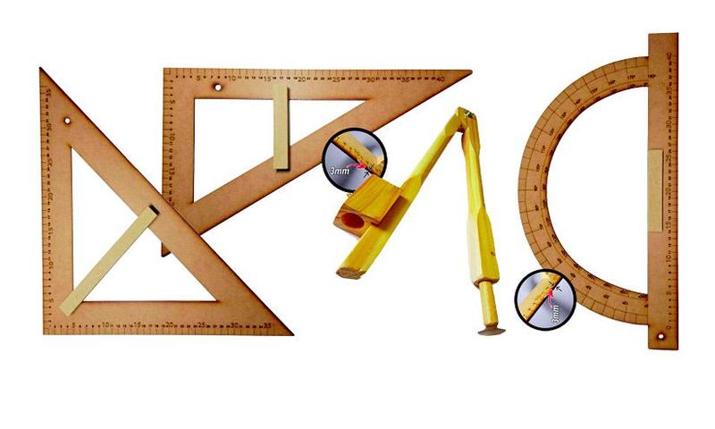 Imagem de CONJ 2 Kit Geométrico do Professor Mdf Com 2 Compasso Para Quadro Branco, 2 Esquadro 30/60 Graus, 2 Esquadro 45 Graus e 2 Transferidor 180 Graus