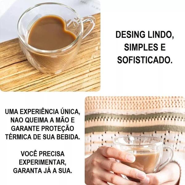 Imagem de Conj 2 Xícaras Coração Café Parede Dupla Borossilicato 80 ml