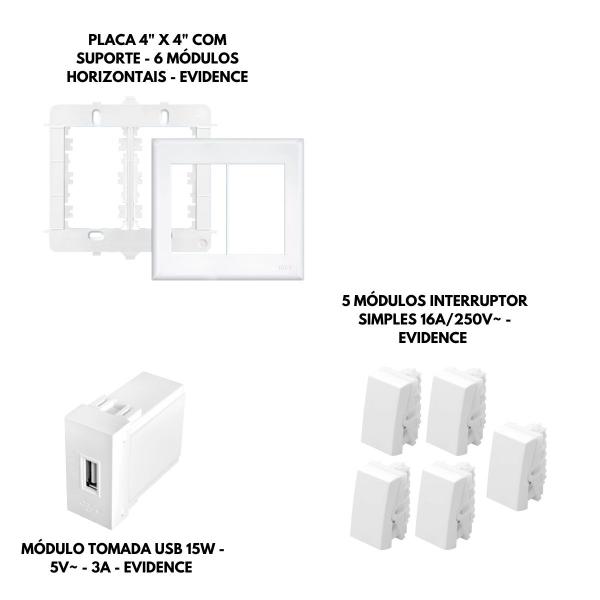 Imagem de Conj. 5 Interruptores Simples + 1 Tomada Usb Linha Evidence