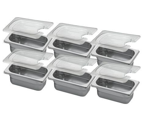 CONJ 6 CUBAS Gastronômicas Em INOX GN 1/9x65 mm 590 ml COM TAMPAS Em POLI COM ABERTURA Para Colher ZAHAV Imagem de CONJ 6 CUBAS Gastronômicas Em INOX GN 1/9x65 mm 590 ml COM TAMPAS Em POLI COM ABERTURA Para Colher ZAHAV