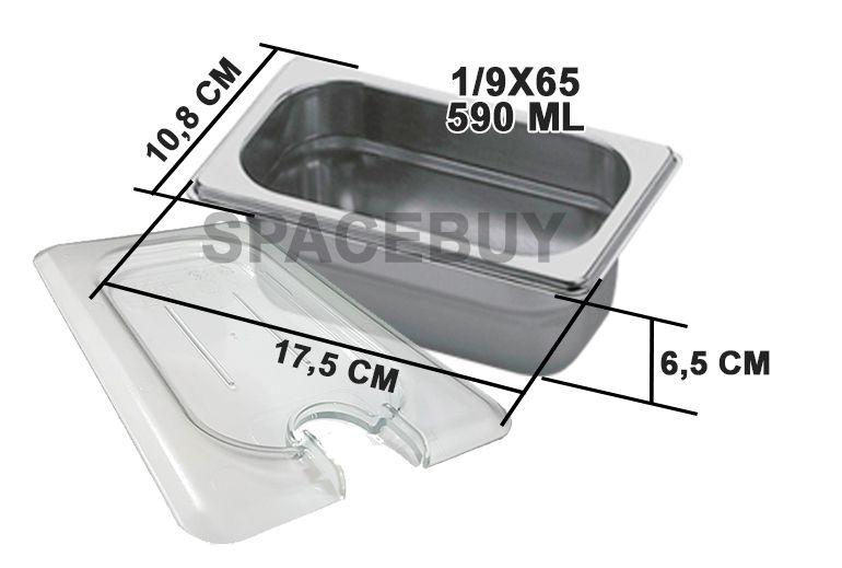 Imagem de CONJ 6 CUBAS Gastronômicas Em INOX GN 1/9x65 mm 590 ml COM TAMPAS Em POLI COM ABERTURA Para Colher ZAHAV