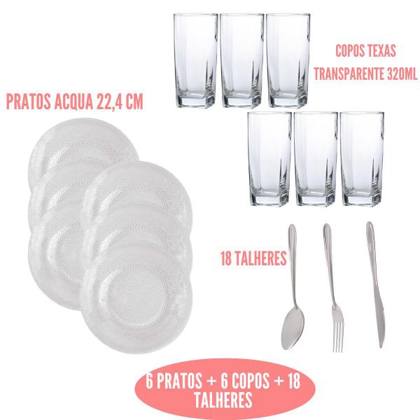 Conj 6 Pratos Acqua Fundo 6 Copos Texas Transparente 18 Talheres - Nadir Figueiredo Imagem de Conj 6 Pratos Acqua Fundo 6 Copos Texas Transparente 18 Talheres