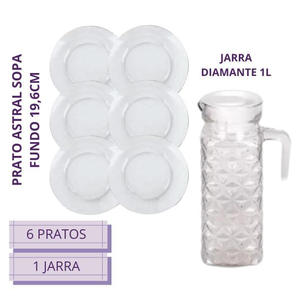 Imagem de Conj. 6 Pratos Astral Sopa 22,4cm 1 Jarra Diamante 1L Transp