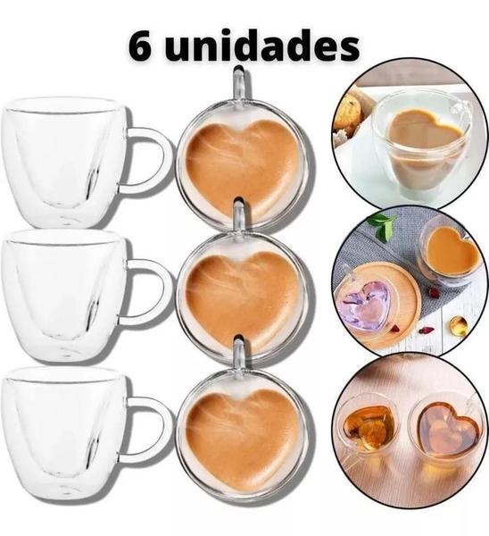 Imagem de Conj 6 Xícaras Coração Café Parede Dupla Borossilicato 80 ml