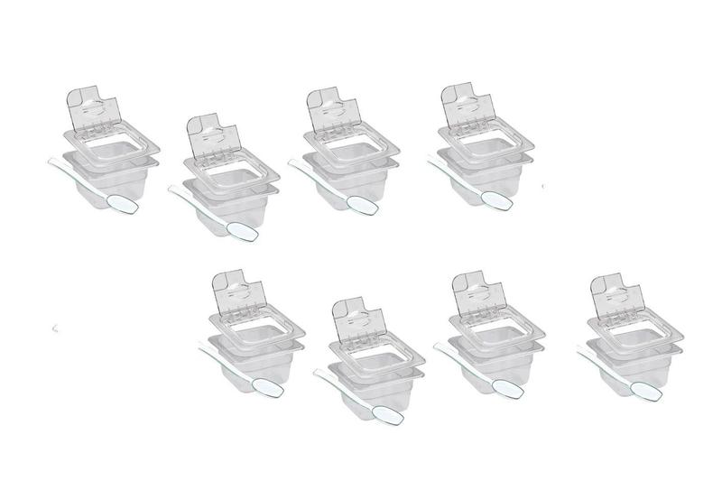 Imagem de CONJ 8 CUBAS Gastronômicas Em POLICARBONATO GN 1/6X100 mm 1,5 Litros + 8 TAMPAS 1/6 Em POLI Com FLIP. DOBRADIÇA e ABERTURA CAMBRO + 8 COLHERES 21 cm S