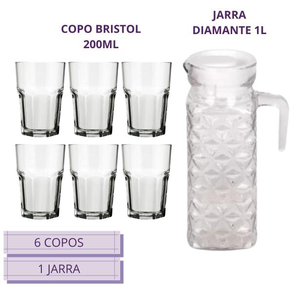 Conj. C/6 Copos Bristol 200ml + 1 Jarra Diamante 1 Litro - Praticasa Imagem de Conj. C/6 Copos Bristol 200ml + 1 Jarra Diamante 1 Litro