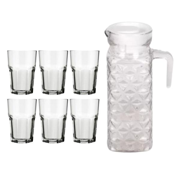 Conj. C/6 Copos Bristol 200ml + 1 Jarra Diamante 1 Litro - Praticasa Imagem de Conj. C/6 Copos Bristol 200ml + 1 Jarra Diamante 1 Litro