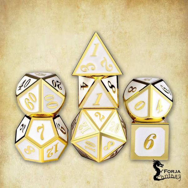 Imagem de Conj. de dados Metálicos Branco com Dourado - RPG