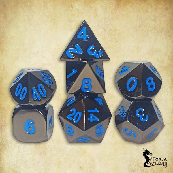 Imagem de Conj. de dados Metálicos Chumbo com Azul - RPG