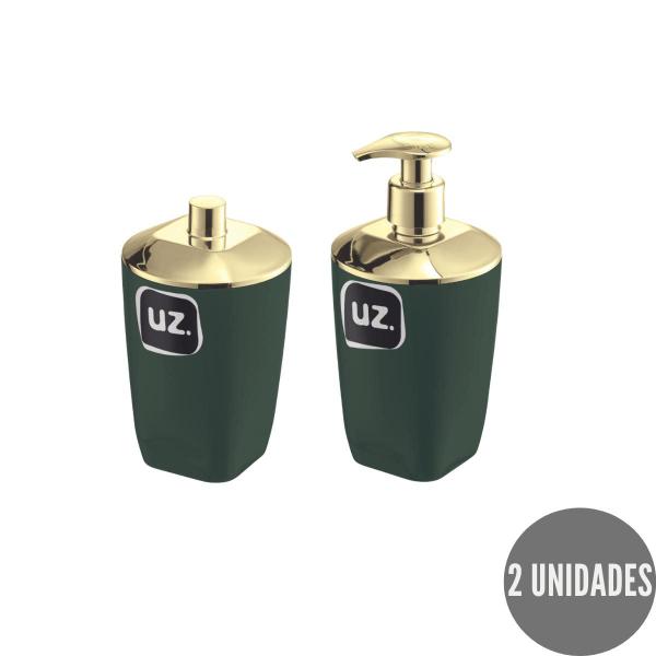 Imagem de Conj Verde com Dourado Lavabo Porta Algodão e Dispenser Luxo