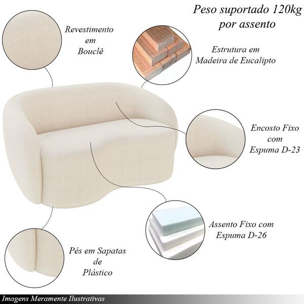 Imagem de Conjunto 1 Sofá Living 160cm e 1 Poltrona Decorativa Sala de Estar Íbis Encosto Fixo Bouclê Off White G33 - Gran Belo