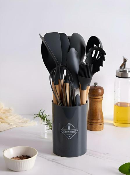 Imagem de Conjunto 12 Peças Utensílios Cozinha Silicone Com Suporte Luatek LCC-2320 Cor:Preto (CONJMD12279PT)