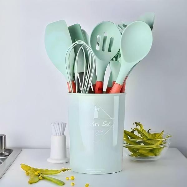 Imagem de Conjunto 12 Peças Utensílios Cozinha Silicone Com Suporte Luatek LCC-2320 Cor:Verde (CONJMD12279VD)