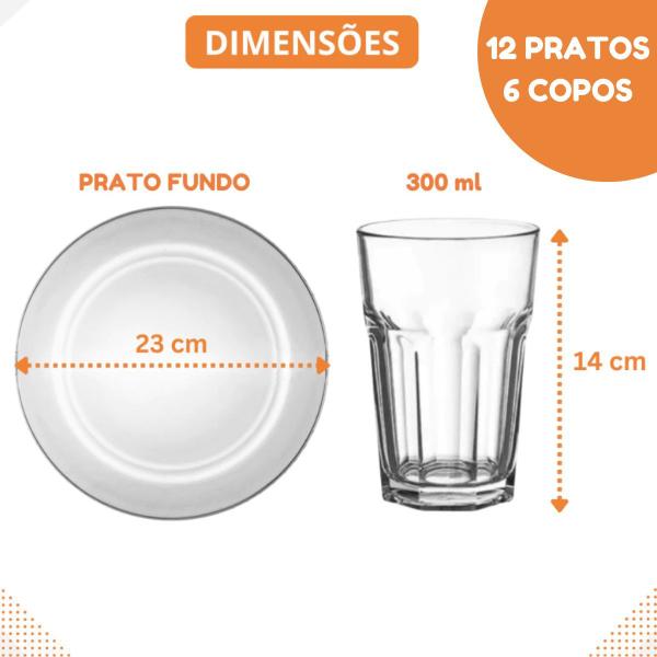 Conjunto 12 Prato Fundo De Vidro Transparente + 06 Copos - Ladiv Comercial Imagem de Conjunto 12 Prato Fundo De Vidro Transparente + 06 Copos