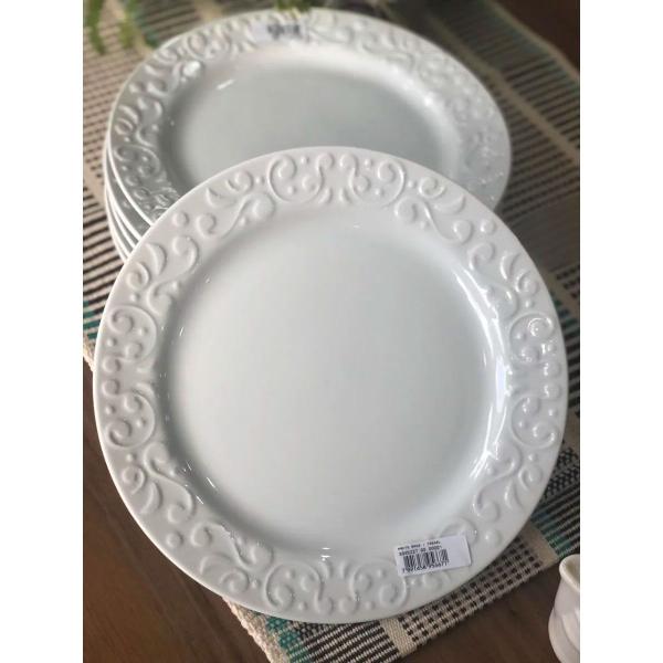 Imagem de Conjunto 12 Pratos Germer Branco Rasos Redondos 26,5cm em Porcelana com Relevo Tassel