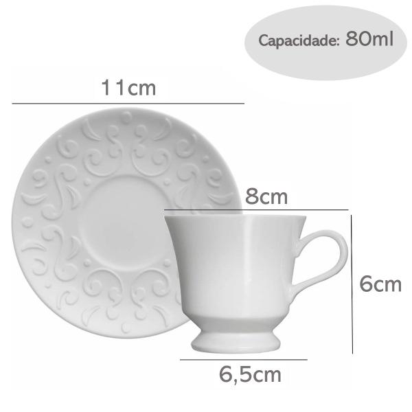 Conjunto 12 Xícaras de Café com Pires 80ml Porcelana em Relevo Tassel Germer Branco Imagem de Conjunto 12 Xícaras de Café com Pires 80ml Porcelana em Relevo Tassel Germer Branco