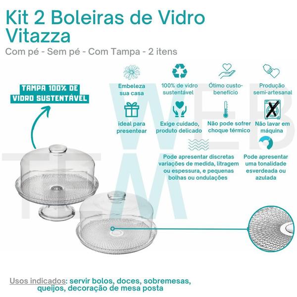 Imagem de Conjunto 2 Boleiras de Vidro com e sem Pé e Tampa Vitazza Prato 28cm para Bolo, Doce, Festa, Decoração, Organização, Mesa Posta Elegante e Sustentável