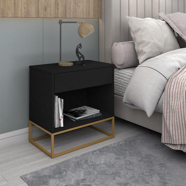 Imagem de Conjunto 2 Criados Preto P/ Quarto Estilo Industrial Base de Ferro Dourado