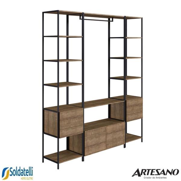 Conjunto 2 estantes 3 gavetas + 1 arara 2 gavetas com cabideiro steel quadra mdp vermont aço preto fosco - artesano Imagem de Conjunto 2 estantes 3 gavetas + 1 arara 2 gavetas com cabideiro steel quadra mdp vermont aço preto fosco - artesano