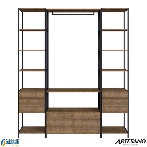 Conjunto 2 estantes 3 gavetas + 1 arara 2 gavetas com cabideiro steel quadra mdp vermont aço preto fosco - artesano Imagem de Conjunto 2 estantes 3 gavetas + 1 arara 2 gavetas com cabideiro steel quadra mdp vermont aço preto fosco - artesano