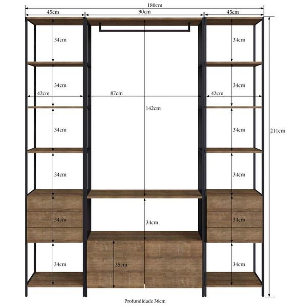 Conjunto 2 estantes 3 gavetas + 1 arara 2 gavetas com cabideiro steel quadra mdp vermont aço preto fosco - artesano Imagem de Conjunto 2 estantes 3 gavetas + 1 arara 2 gavetas com cabideiro steel quadra mdp vermont aço preto fosco - artesano
