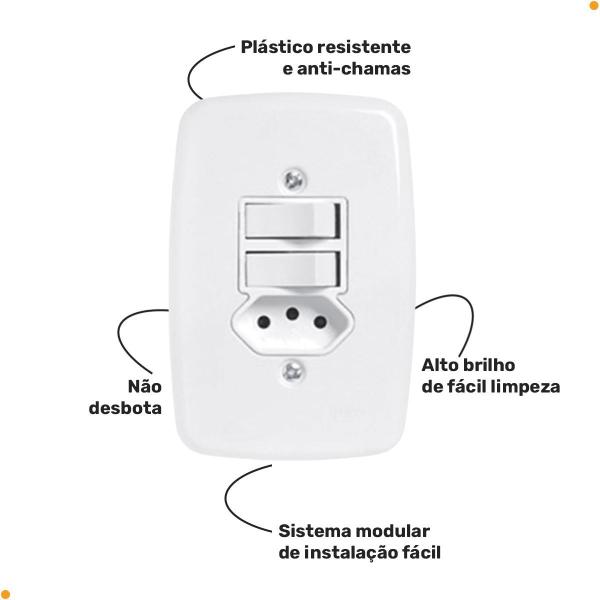 Imagem de Conjunto 2 Interruptores Simples com Tomada 20A Pluzie Linha Ideale 3 Pinos Grossos Bivolt Elétrica de Parede Apagador de Luz Duplo