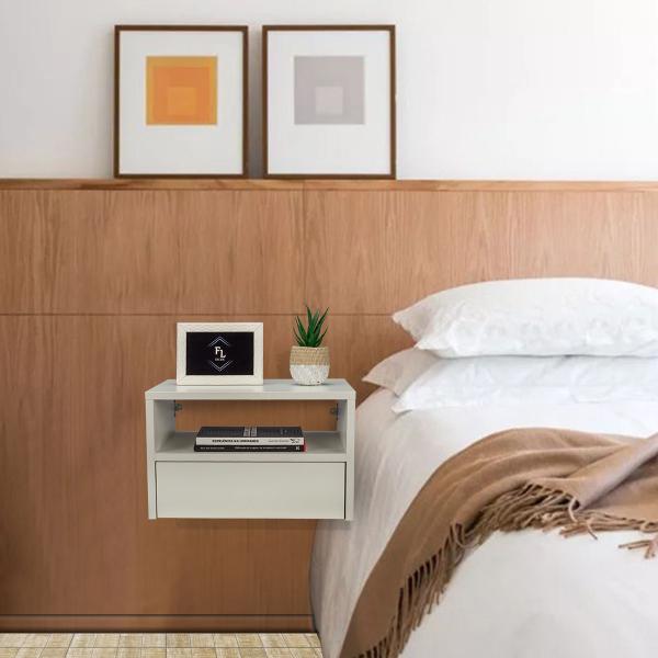 Imagem de Conjunto 2 Mesas de Cabeceira Uma Gaveta Inferior e Nicho Decoração Quarto Moderna Lateral da Cama Estilo Suspensa