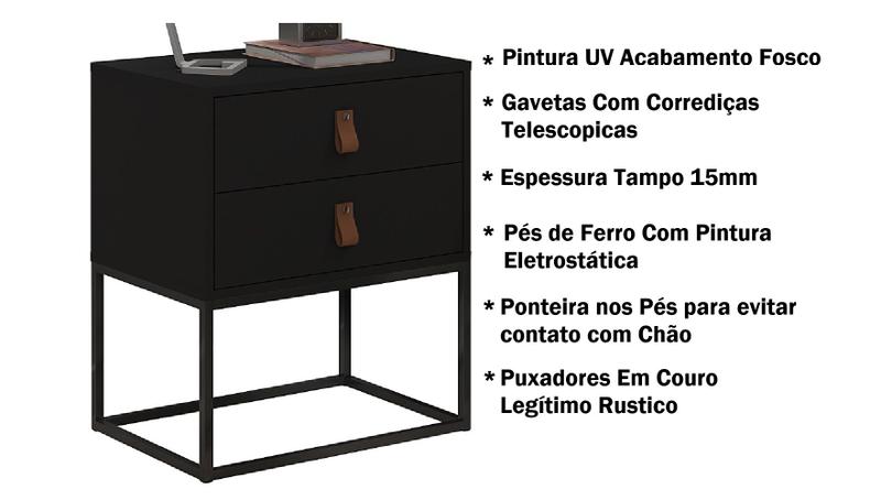 Imagem de Conjunto 2 Mesinha De Cabeceira Criados Estilo Industrial Com Puxadores De Couro Unic 45cm Retrô Com Pé De Ferro