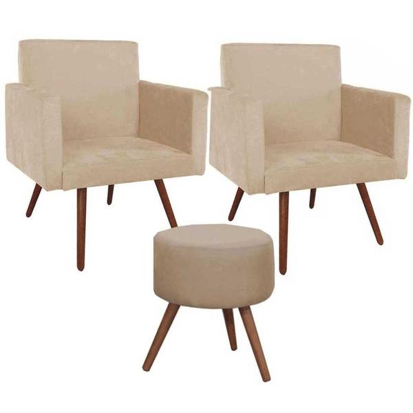 Imagem de Conjunto 2 Poltronas Decorativas Nina e 1 Puff Redondo Pés Palito Suede Bege VickyDecor