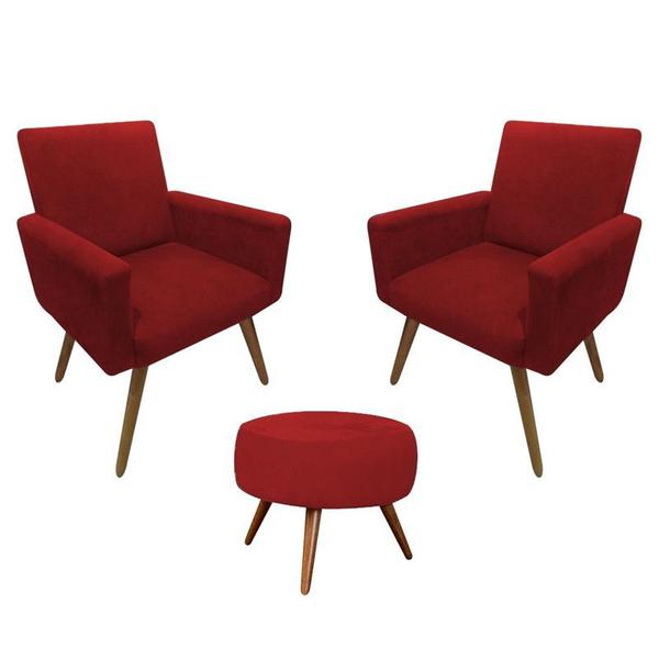 Imagem de Conjunto 2 Poltronas Decorativas Nina e 1 Puff Redondo Pés Palito Suede Marsala VickyDecor