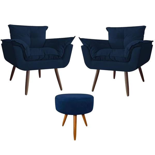 Imagem de Conjunto 2 Poltronas Decorativas Opala e 1 Puff Redondo Pés Palito Suede Azul Marinho ANF Store