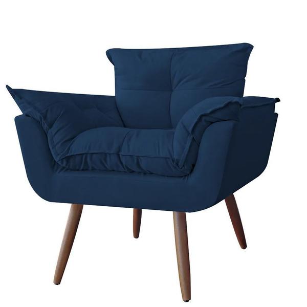 Imagem de Conjunto 2 Poltronas Decorativas Opala e 1 Puff Redondo Pés Palito Suede Azul Marinho VictoriaDecor