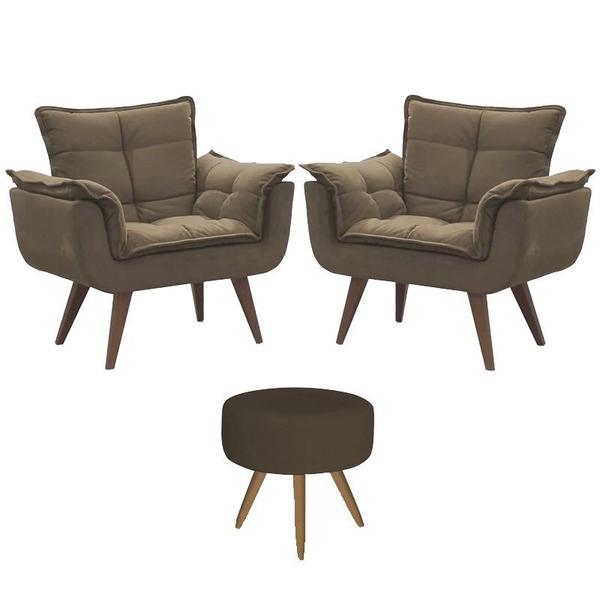 Imagem de Conjunto 2 Poltronas Decorativas Opala e 1 Puff Redondo Pés Palito Suede Cappuccino VickyDecor