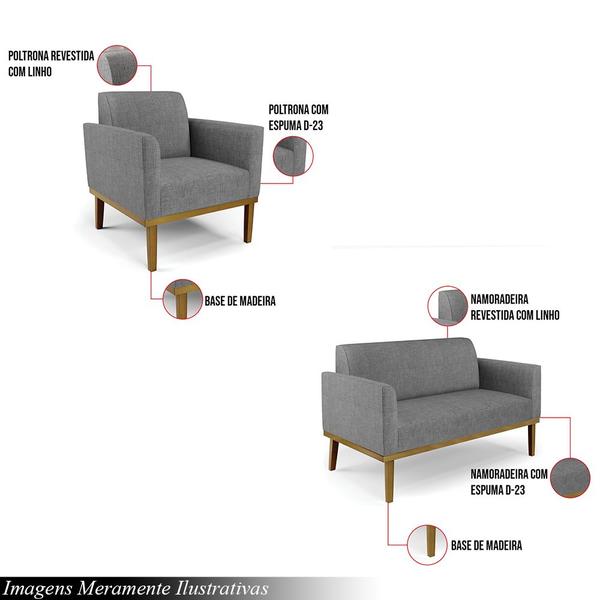 Imagem de Conjunto 2 Poltronas e 1 Namoradeira Decorativa Isabella Pés Fixo em Madeira Castanho Linho Cinza Mesclado G19 - Gran Belo